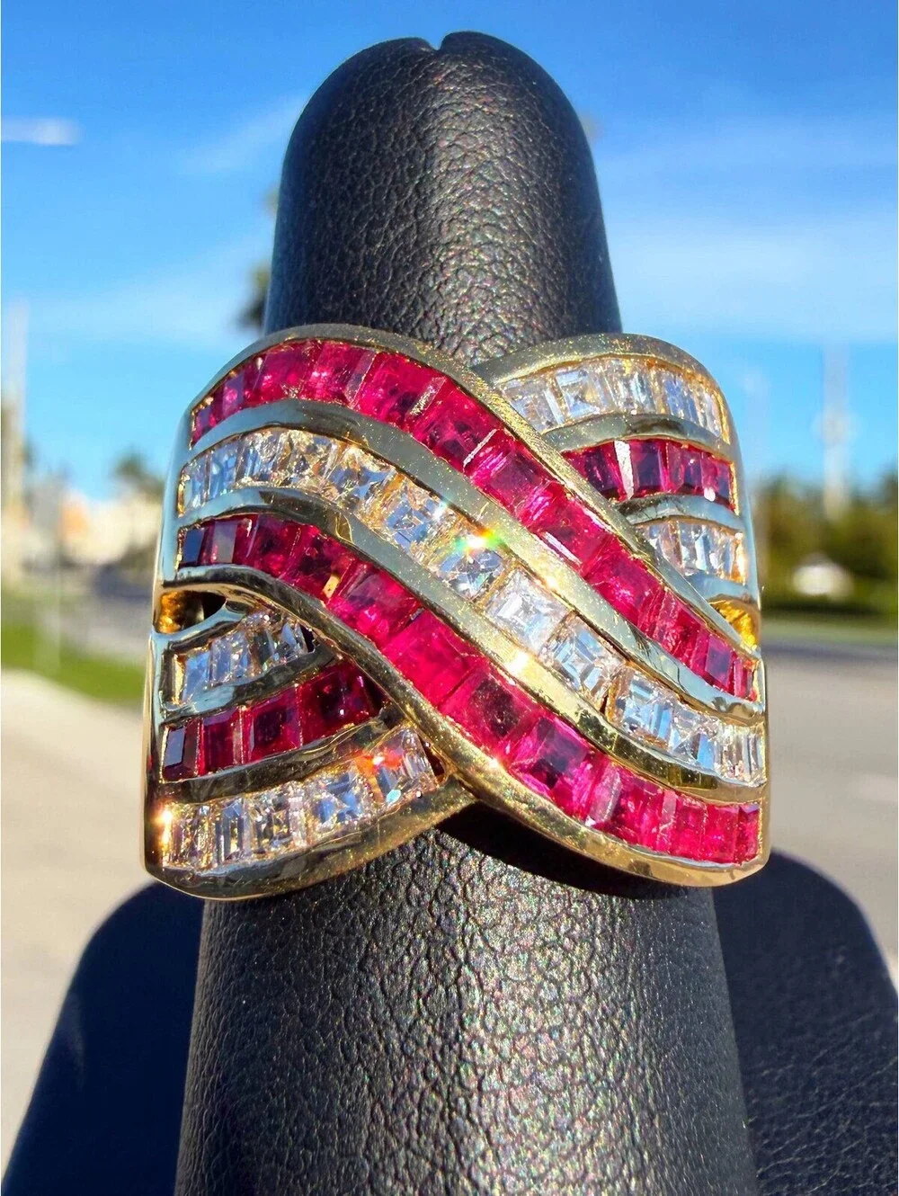 18k Yellow Gold Princess Cut Natural Diamond Ruby Crossover Cocktail Ring Sz 8